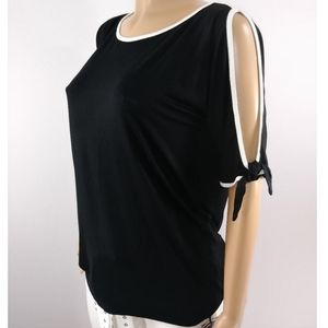 Cable & Gauge Cold Shoulder Top Tie Sleeves Round Neck Hi-Lo Hem Black & White S
